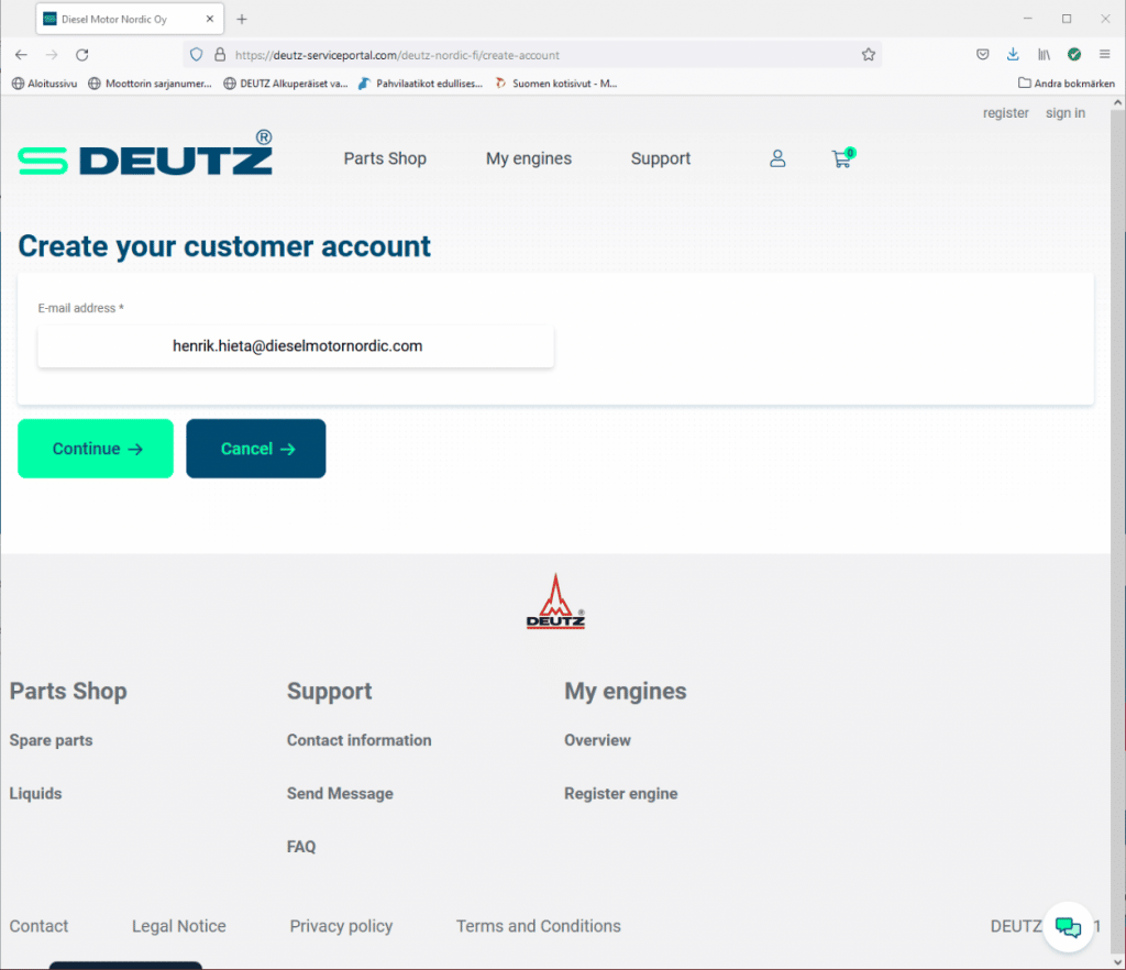 Intruktioner registrering av konto på DEUTZ Serviceportal